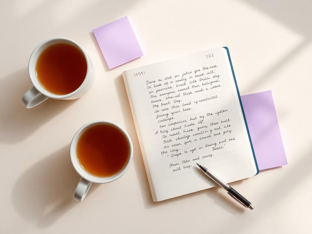 Deux tasses de thé, carnet ouvert et post-it pastel lors d'une séance de coaching