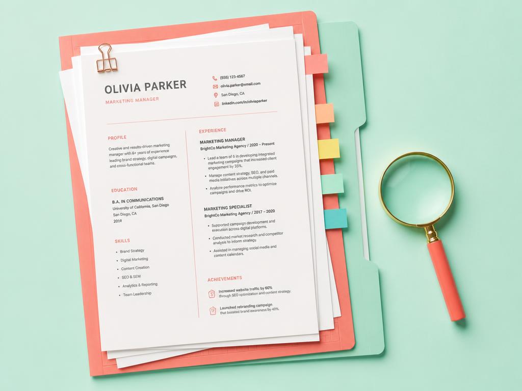 CV imprimés et intercalaires colorés sur un bureau