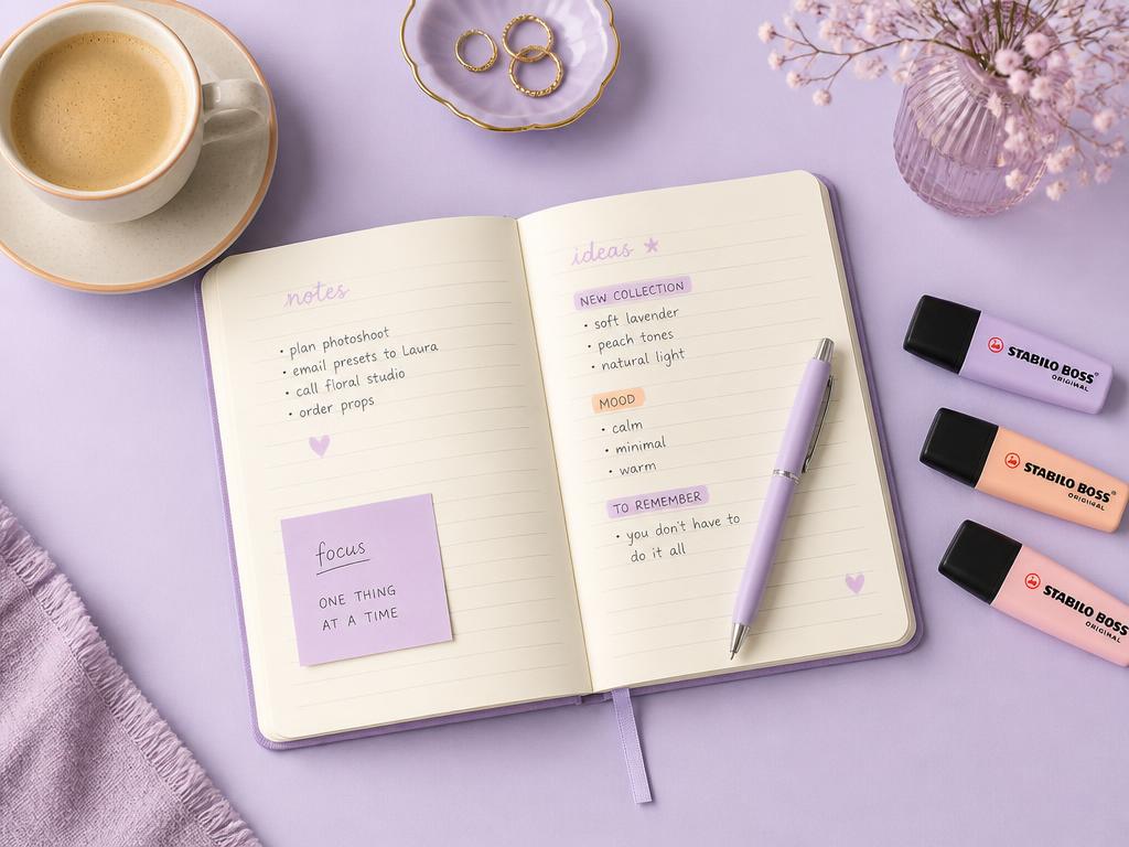 Carnet ouvert, stylo et surligneurs pastel